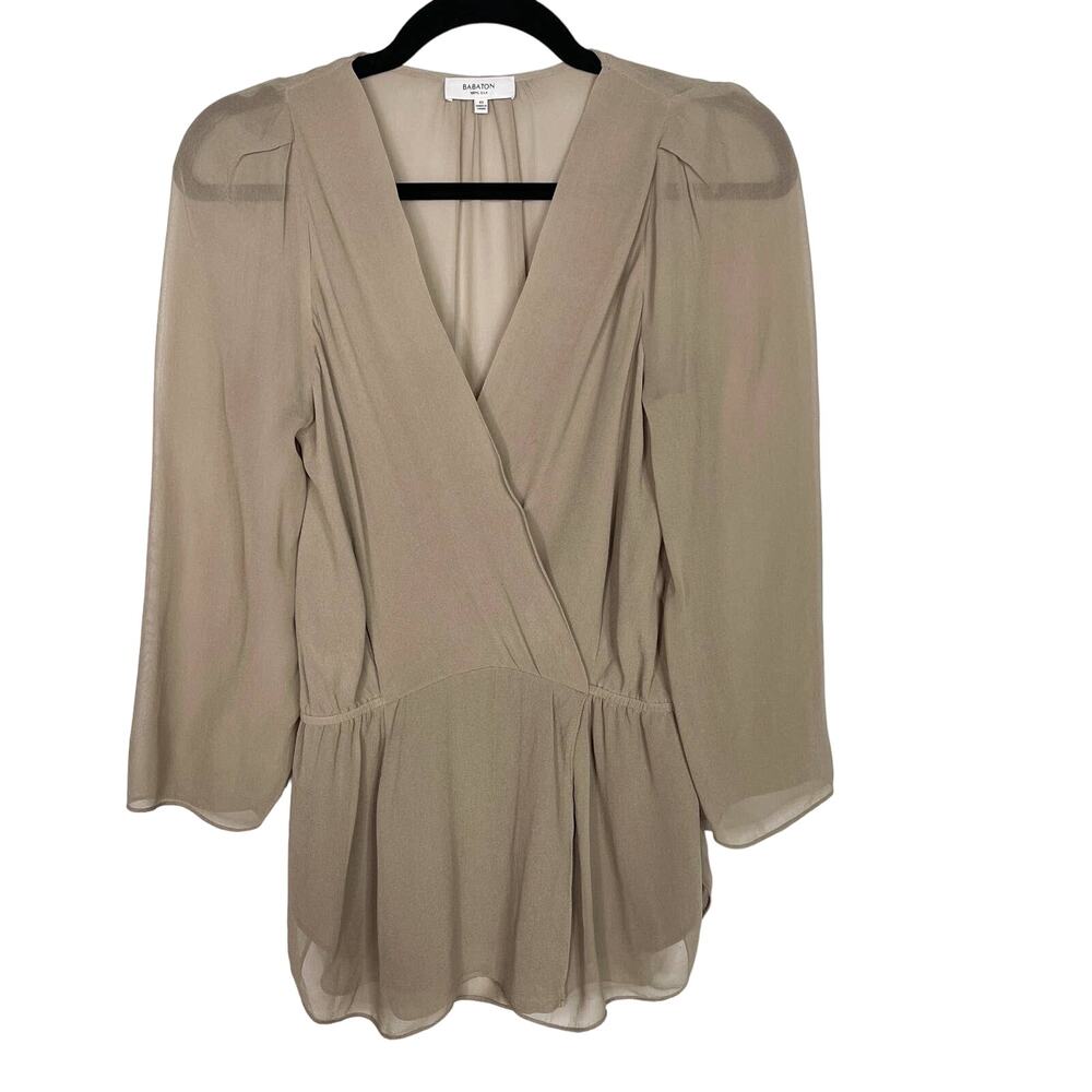 Aritzia Babaton XSmall Taupe Brown Silk Sheer Alexander Surplice Peplum Blouse